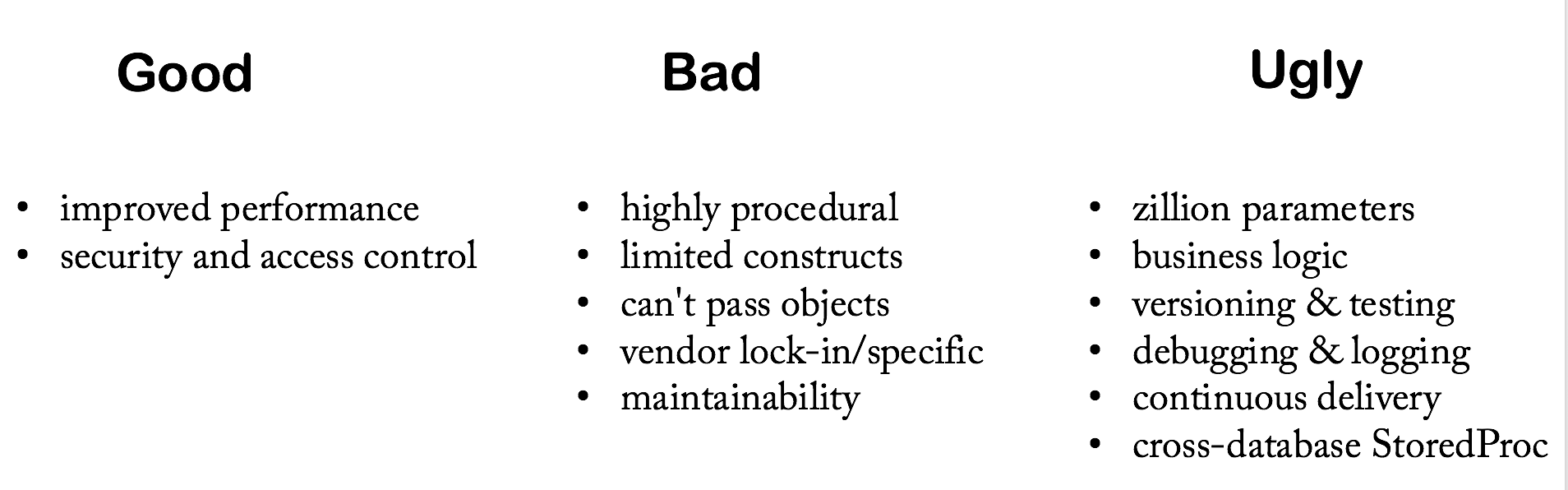 Stored procedure - Good, Bad, and Ugly